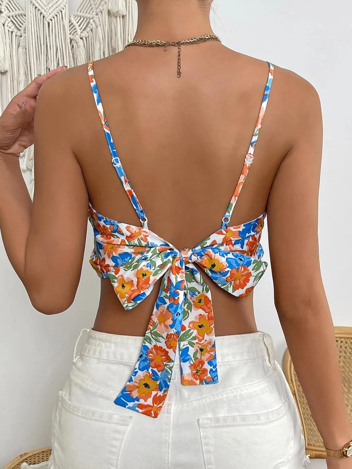 Verdusa Women's Sleeveless Floral Print Tie Backless Summer Crop Cami Top Boho Tops