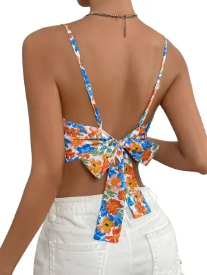 Verdusa Women's Sleeveless Floral Print Tie Backless Summer Crop Cami Top Boho Tops