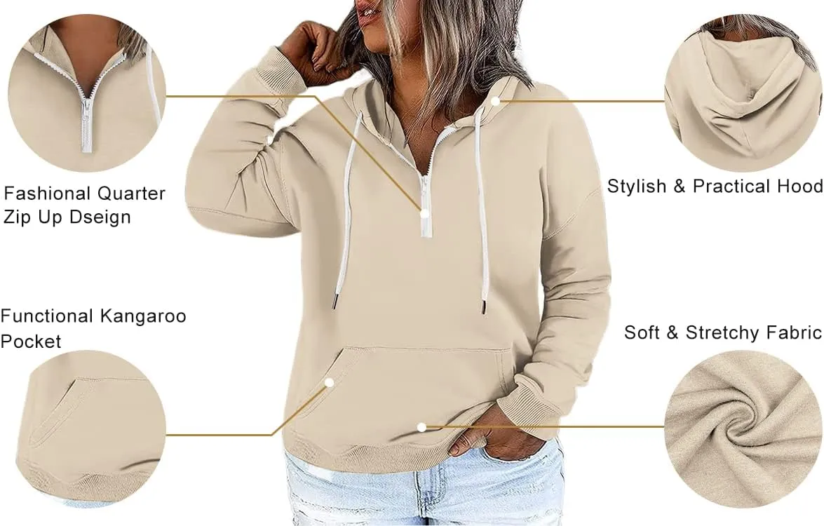 VISLILY Women's-Plus-Size-Hoodies Quarter Zip-Up Hooded Sweatshirts Lightweight Long Sleeve Pullover Tops with Pocket 1X-4X
