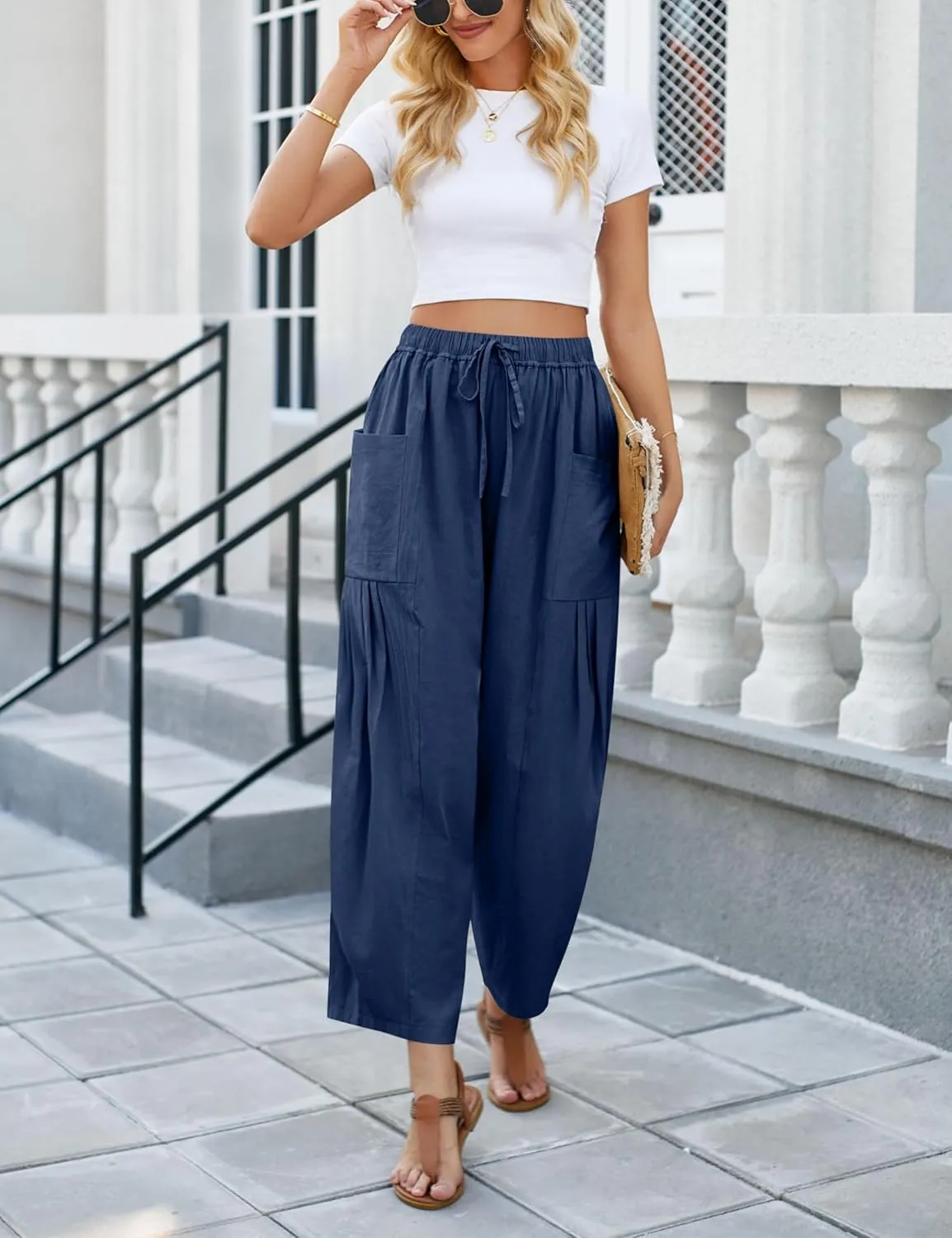 Wanzetaly Womens Linen Wide Leg Pants Casual Elastic Drawstring Waist Trousers Beach Palazzo Harem Pants with Pockets