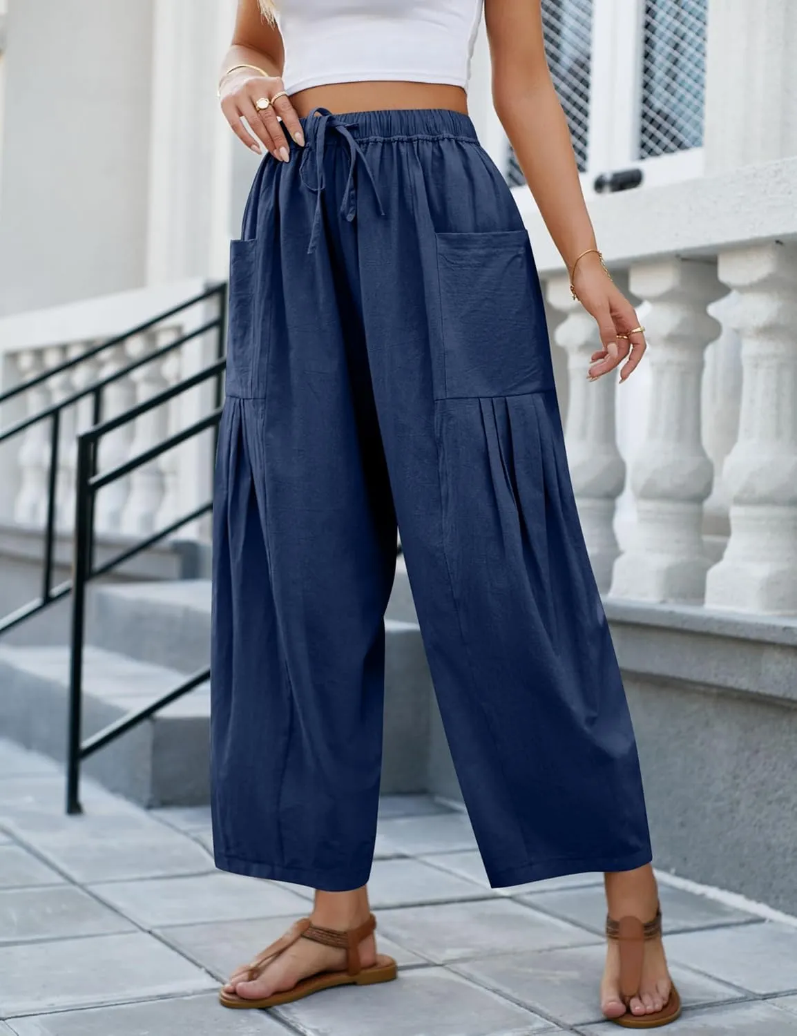 Wanzetaly Womens Linen Wide Leg Pants Casual Elastic Drawstring Waist Trousers Beach Palazzo Harem Pants with Pockets