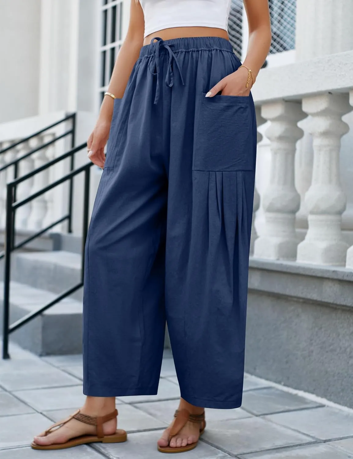 Wanzetaly Womens Linen Wide Leg Pants Casual Elastic Drawstring Waist Trousers Beach Palazzo Harem Pants with Pockets