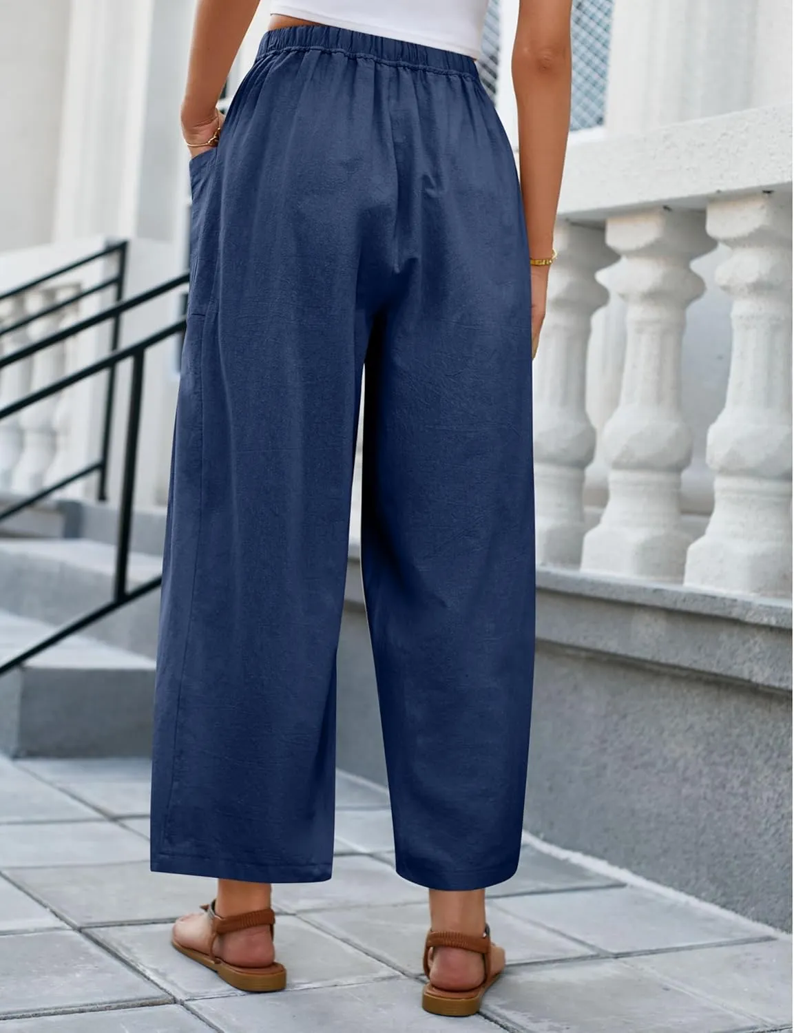 Wanzetaly Womens Linen Wide Leg Pants Casual Elastic Drawstring Waist Trousers Beach Palazzo Harem Pants with Pockets