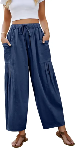Wanzetaly Womens Linen Wide Leg Pants Casual Elastic Drawstring Waist Trousers Beach Palazzo Harem Pants with Pockets