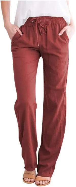 White Linen Pants Women Wide Leg Dress Pants Summer Relax Fit Elastic Waist Women's Cotton Linen Casual Beach Long Pants