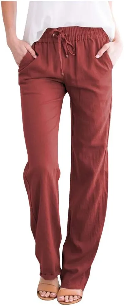White Linen Pants Women Wide Leg Dress Pants Summer Relax Fit Elastic Waist Women's Cotton Linen Casual Beach Long Pants