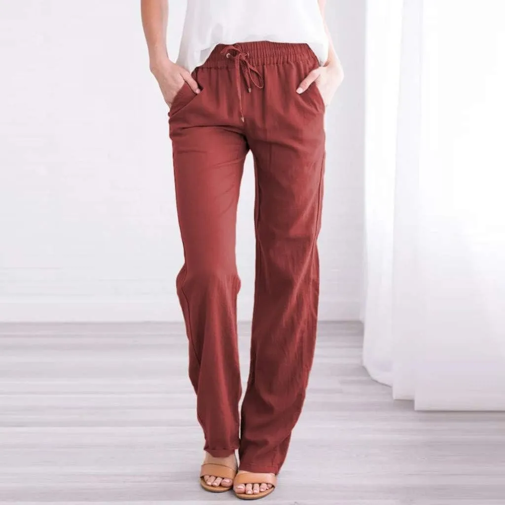White Linen Pants Women Wide Leg Dress Pants Summer Relax Fit Elastic Waist Women's Cotton Linen Casual Beach Long Pants