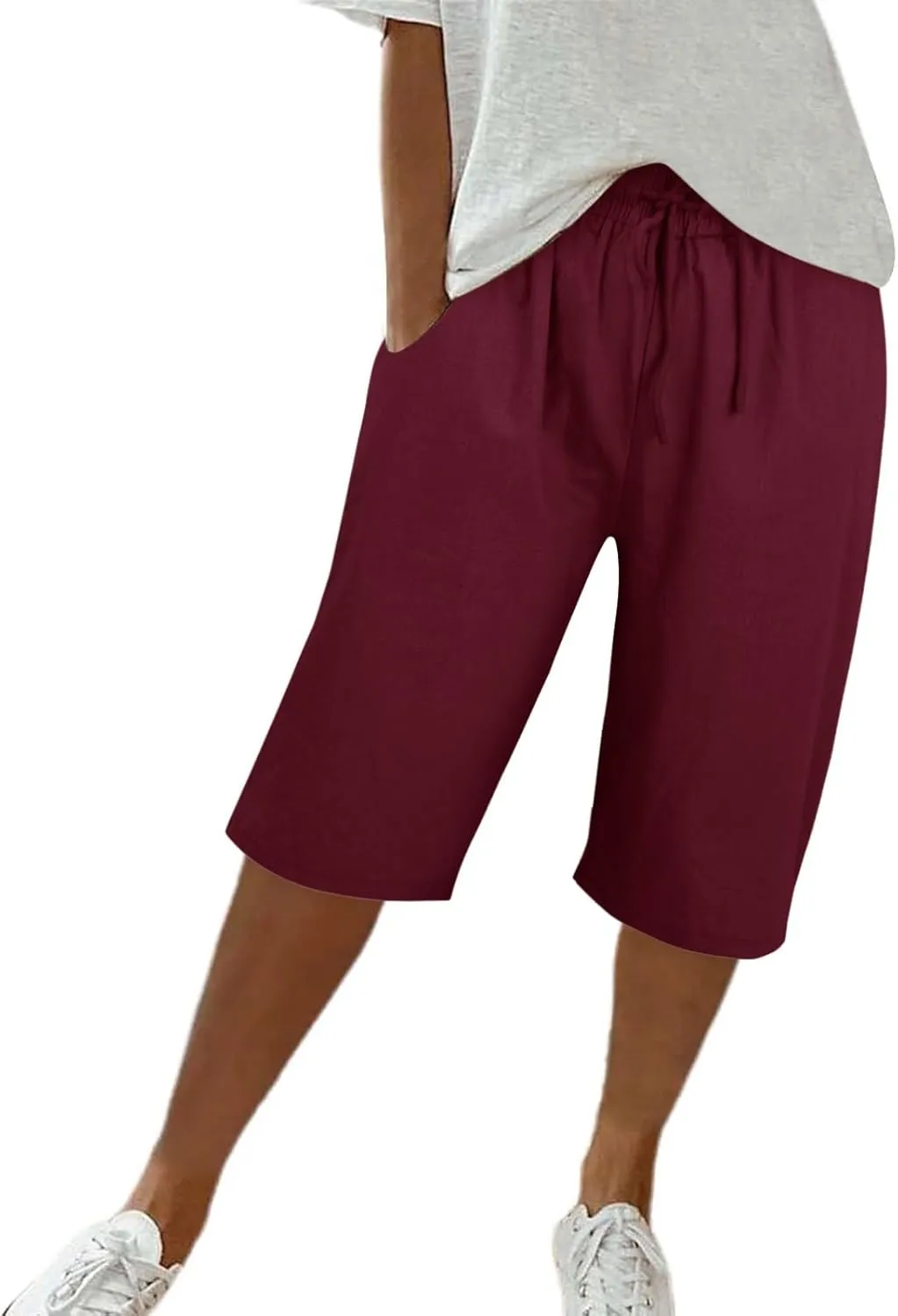 White Linen Pants, Womens Cotton Capri Pants, Pantalones De Lino para Mujer, Capri High Waisted Elastic Waist Trousers Casual Summer Lounge Trousers Wine X-Large