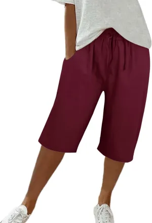 White Linen Pants, Womens Cotton Capri Pants, Pantalones De Lino para Mujer, Capri High Waisted Elastic Waist Trousers Casual Summer Lounge Trousers Wine X-Large