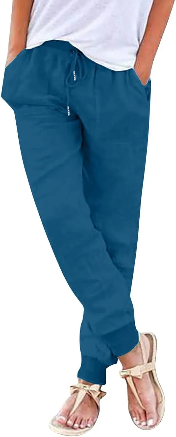Wide Leg Linen Pants for Women High Waist Casual Loose Fit Summer Lightweight Jogger Palazzo Trouser with Pockets