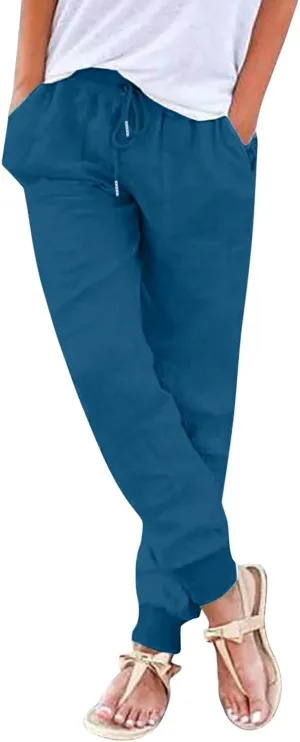 Wide Leg Linen Pants for Women High Waist Casual Loose Fit Summer Lightweight Jogger Palazzo Trouser with Pockets