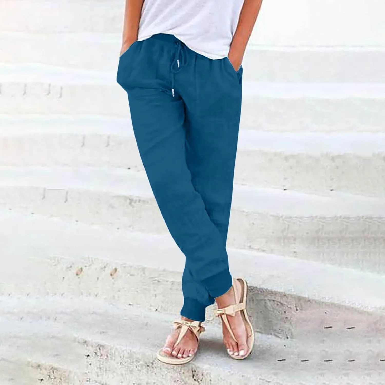 Wide Leg Linen Pants for Women High Waist Casual Loose Fit Summer Lightweight Jogger Palazzo Trouser with Pockets