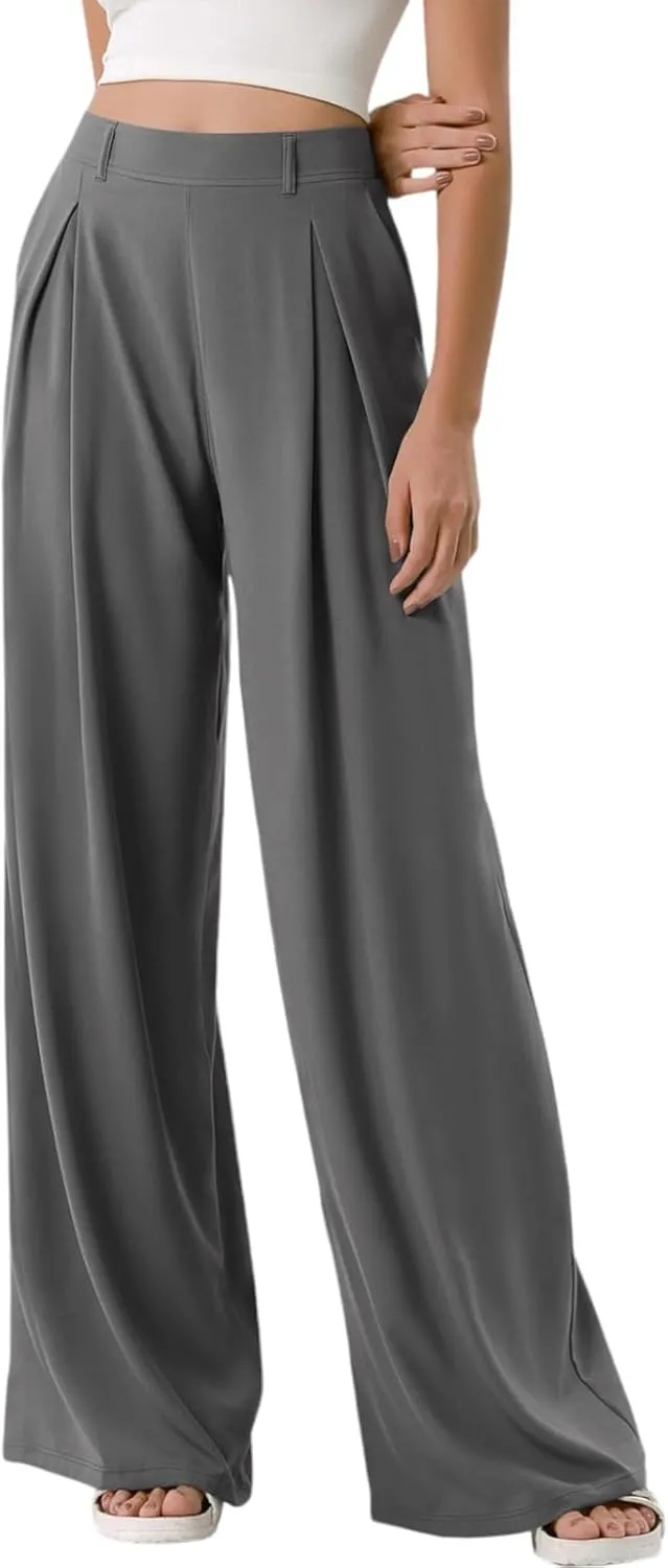Wide Leg Pants for Women Pull On Flowy Palazzo Pants Lightweight Summer High Wasited Dress Pants with Pockets