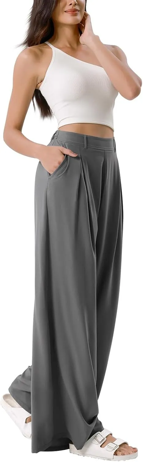 Wide Leg Pants for Women Pull On Flowy Palazzo Pants Lightweight Summer High Wasited Dress Pants with Pockets