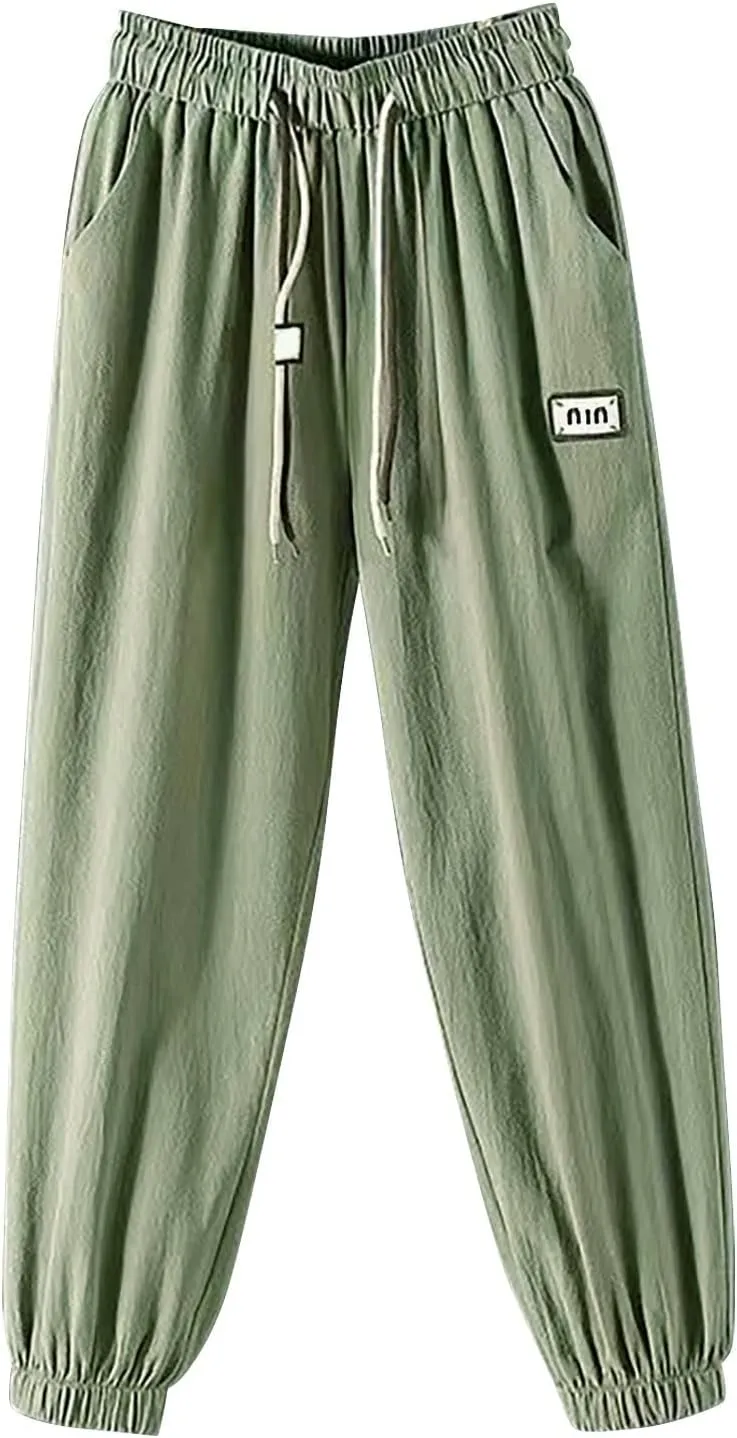 Wide Leg Pants Woman Dressy Linen Pants 2024 Summer Casual High Waisted Baggy Elastic Waist Trousers Loose Flowy Pant