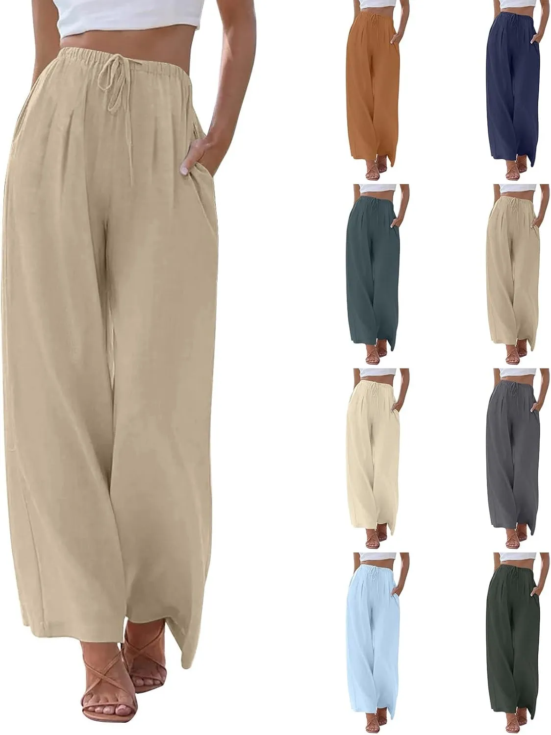 Wide Leg Women Linen Pants Summer Drawstring Elastic High Waisted Palazzo Pants Loose Fit Flowy Beach Trouser w/Pockets