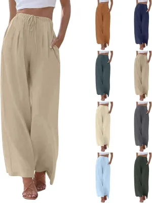 Wide Leg Women Linen Pants Summer Drawstring Elastic High Waisted Palazzo Pants Loose Fit Flowy Beach Trouser w/Pockets