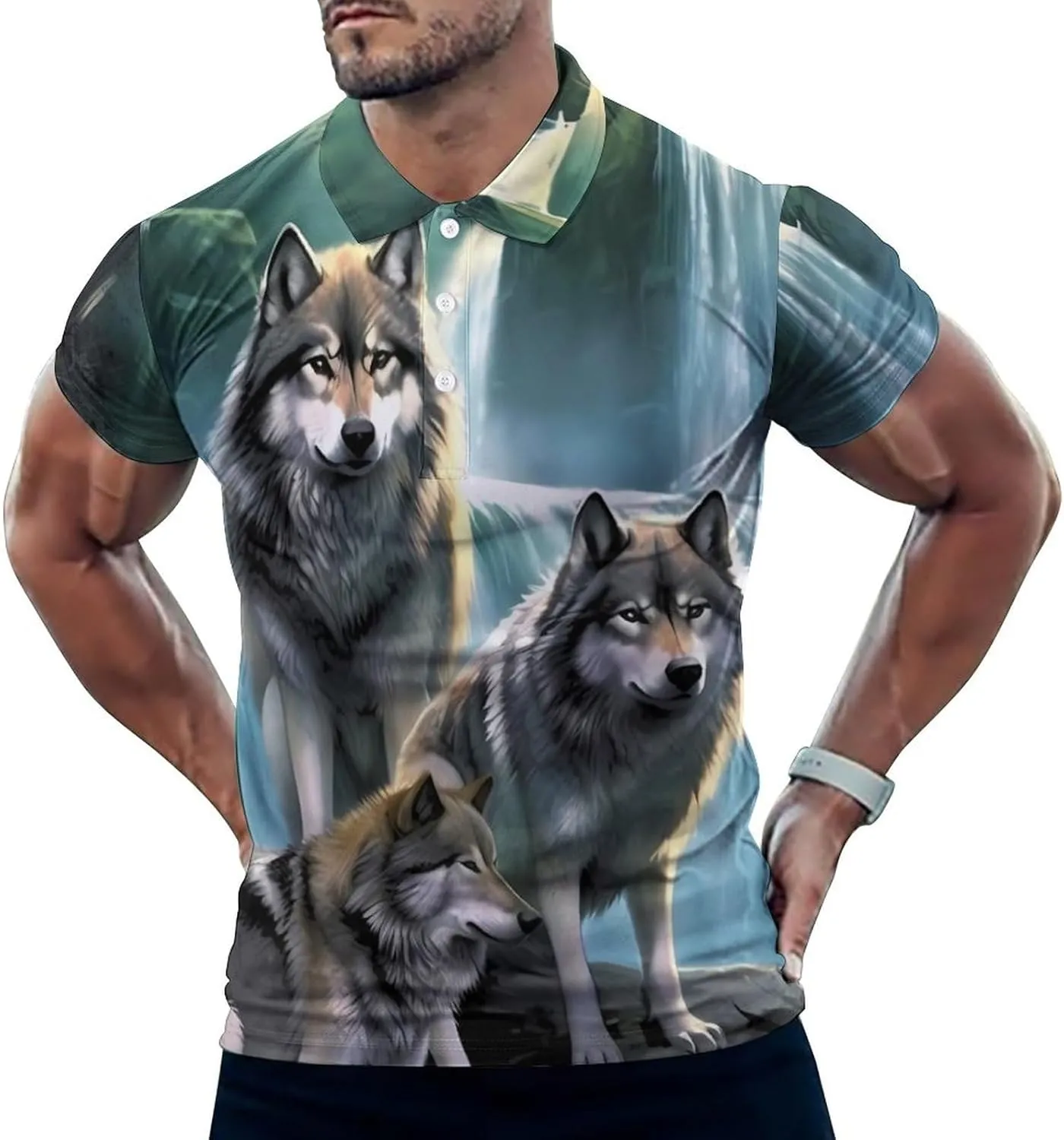 Wolf Sunrise Waterfall Mens Short Sleeve Polo Shirts Straight Sports Golf Tennis T-Shirt Quick Dry Long Top
