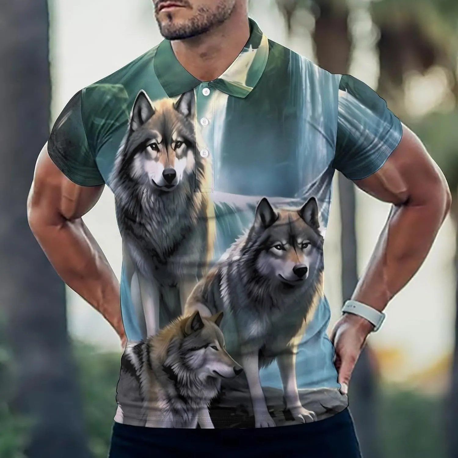 Wolf Sunrise Waterfall Mens Short Sleeve Polo Shirts Straight Sports Golf Tennis T-Shirt Quick Dry Long Top