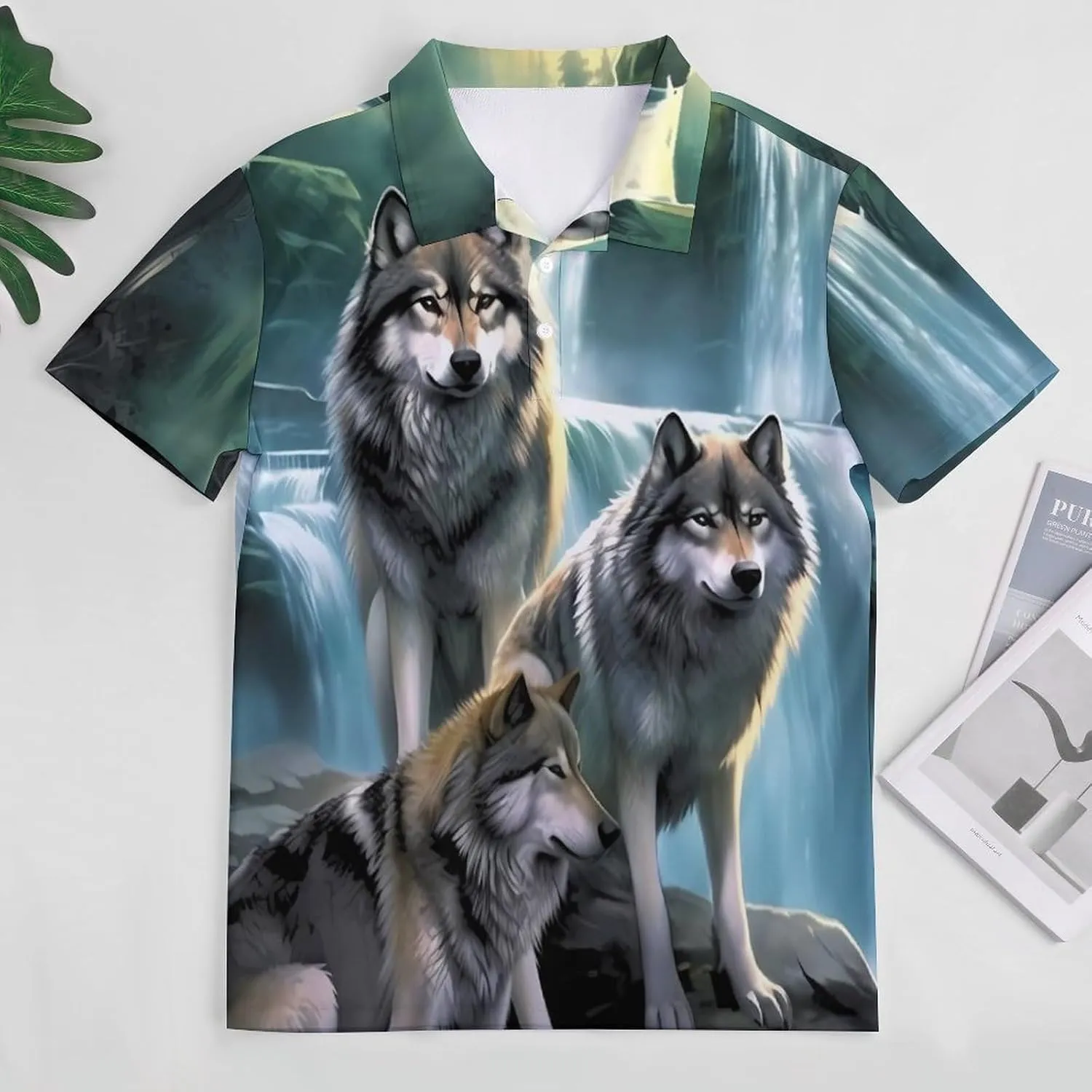 Wolf Sunrise Waterfall Mens Short Sleeve Polo Shirts Straight Sports Golf Tennis T-Shirt Quick Dry Long Top