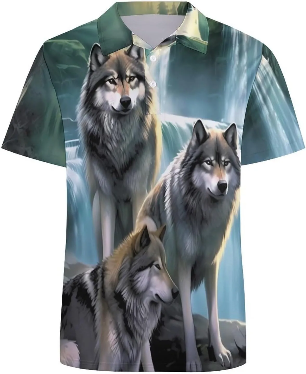 Wolf Sunrise Waterfall Mens Short Sleeve Polo Shirts Straight Sports Golf Tennis T-Shirt Quick Dry Long Top