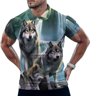 Wolf Sunrise Waterfall Mens Short Sleeve Polo Shirts Straight Sports Golf Tennis T-Shirt Quick Dry Long Top