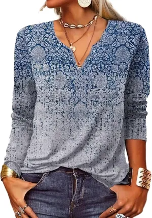 Woman Fall Shirts 2024 Boho Clothes Hippie Floral Print Bohemian Top V-Neck Casual Loose Sweatshirt