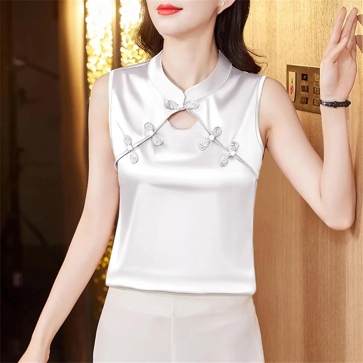 Women Camisole Vest Korean Fashion Silk Satin Tank Tops Sleeveless Hollow Out Shirt