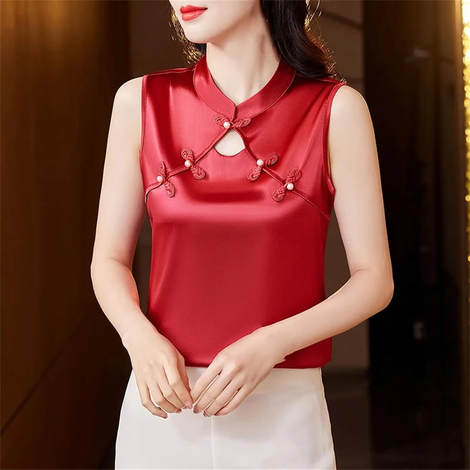 Women Camisole Vest Korean Fashion Silk Satin Tank Tops Sleeveless Hollow Out Shirt