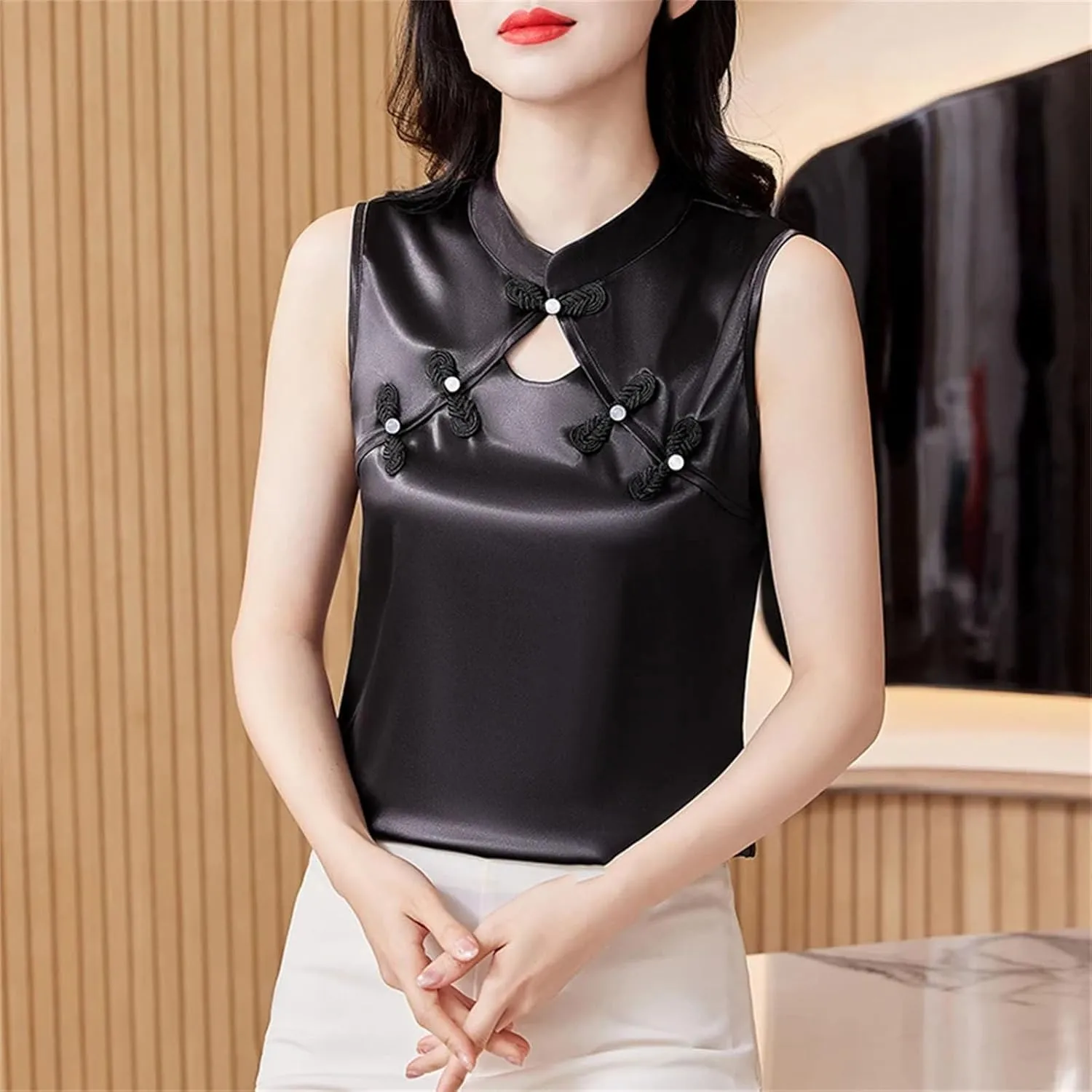 Women Camisole Vest Korean Fashion Silk Satin Tank Tops Sleeveless Hollow Out Shirt