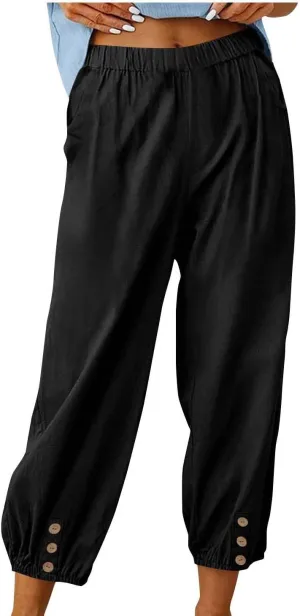 Women Capri Pants Casual Drawstring Elastic High Waist Baggy Wide Leg Cropped Pants Trousers for Ladies Summer Slacks