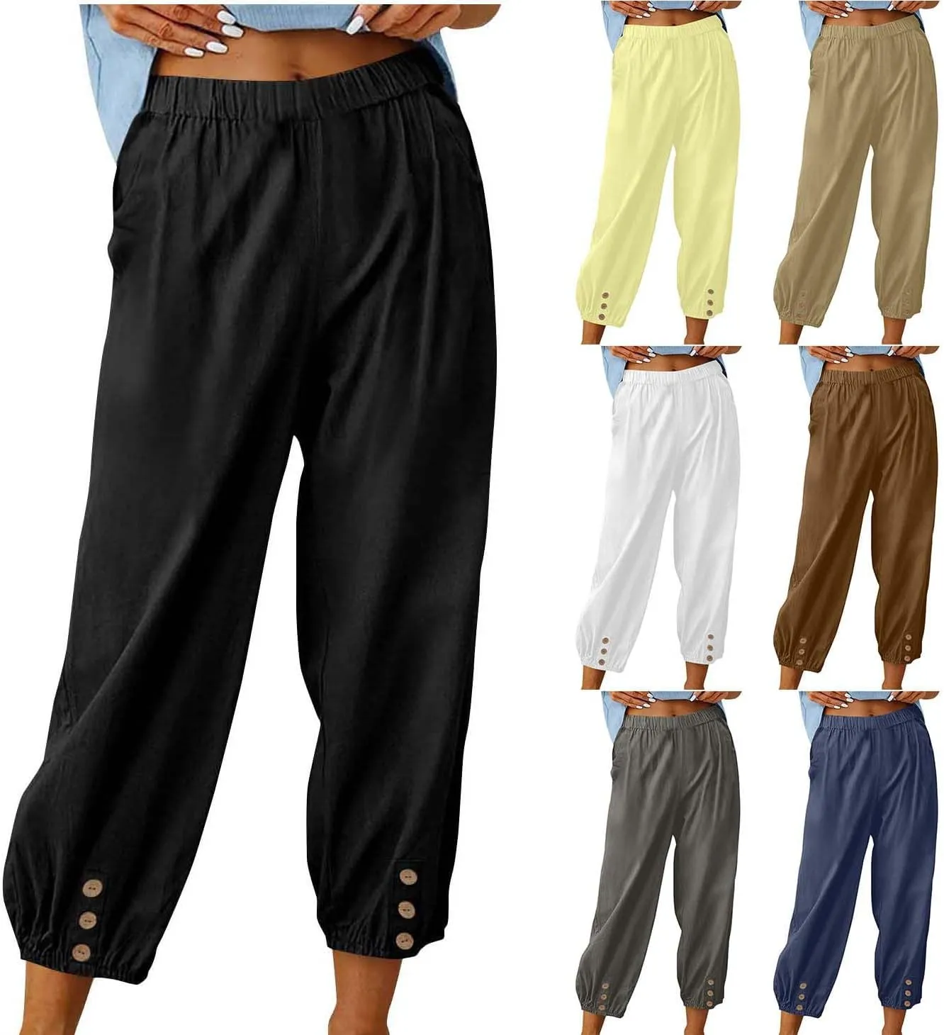 Women Capri Pants Casual Drawstring Elastic High Waist Baggy Wide Leg Cropped Pants Trousers for Ladies Summer Slacks