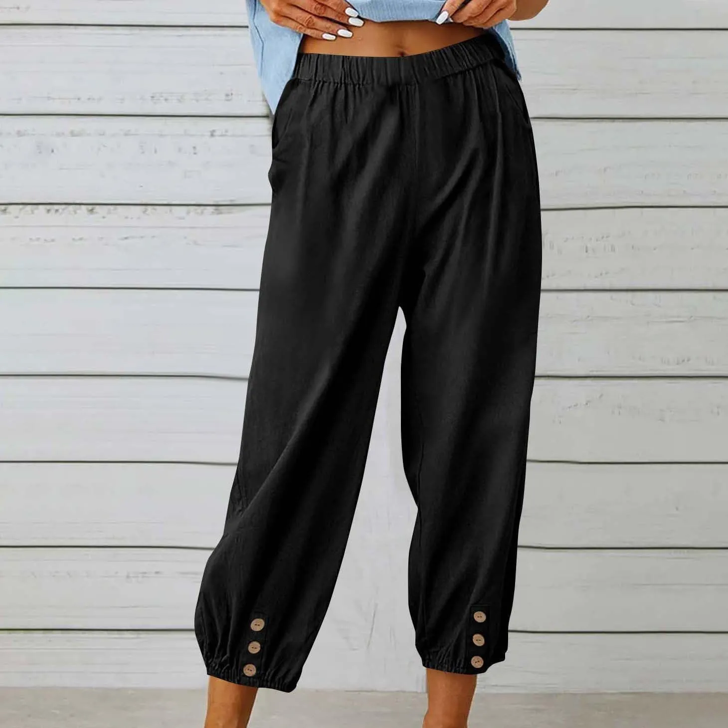 Women Capri Pants Casual Drawstring Elastic High Waist Baggy Wide Leg Cropped Pants Trousers for Ladies Summer Slacks