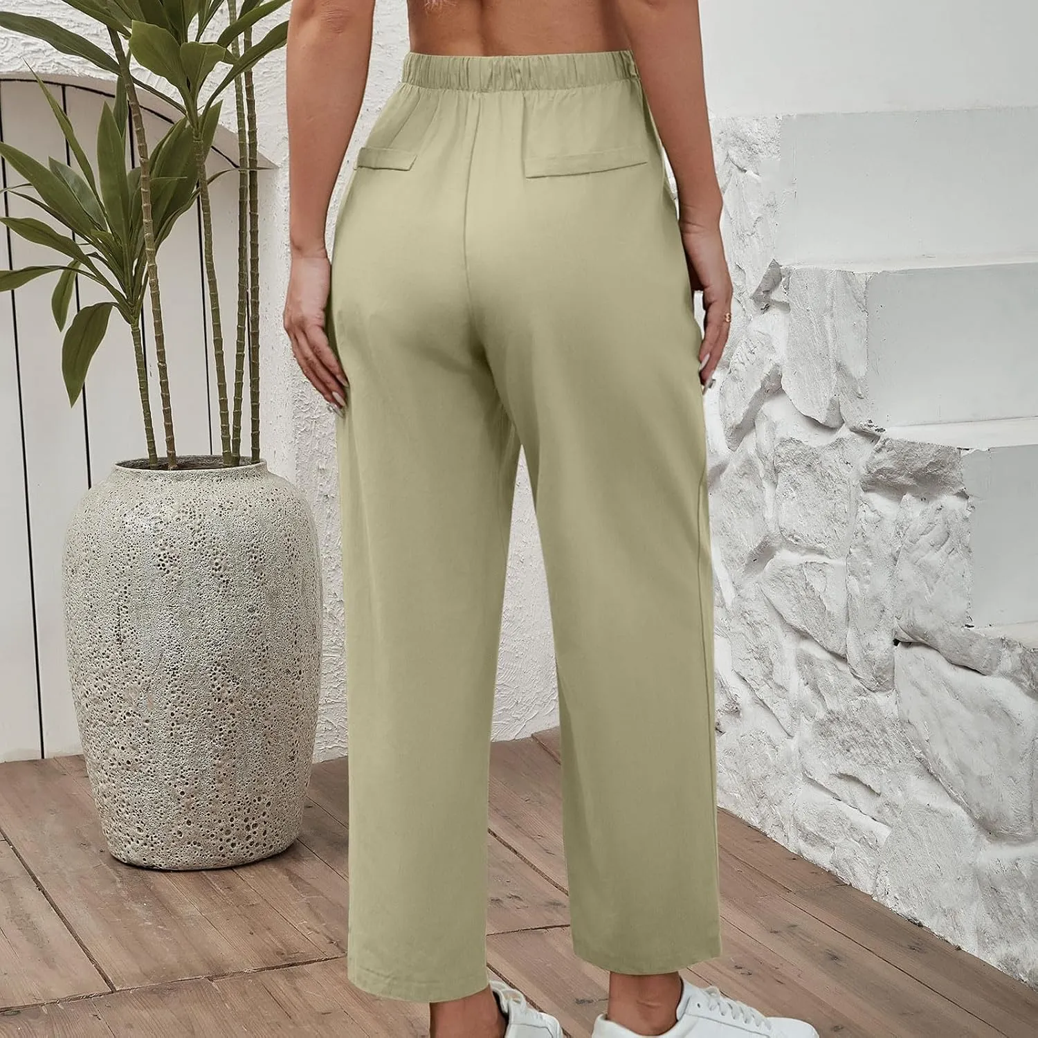 Women Cotton Linen Pants Casual Loose Wide Leg Trousers Summer Drawstring High Waist Pants with Pocket
