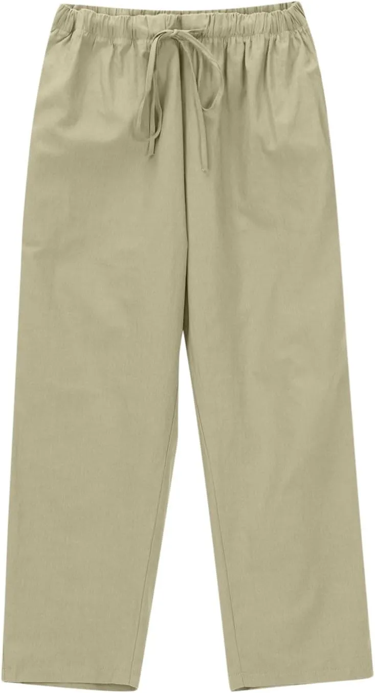 Women Cotton Linen Pants Casual Loose Wide Leg Trousers Summer Drawstring High Waist Pants with Pocket