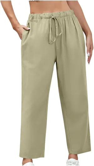 Women Cotton Linen Pants Casual Loose Wide Leg Trousers Summer Drawstring High Waist Pants with Pocket
