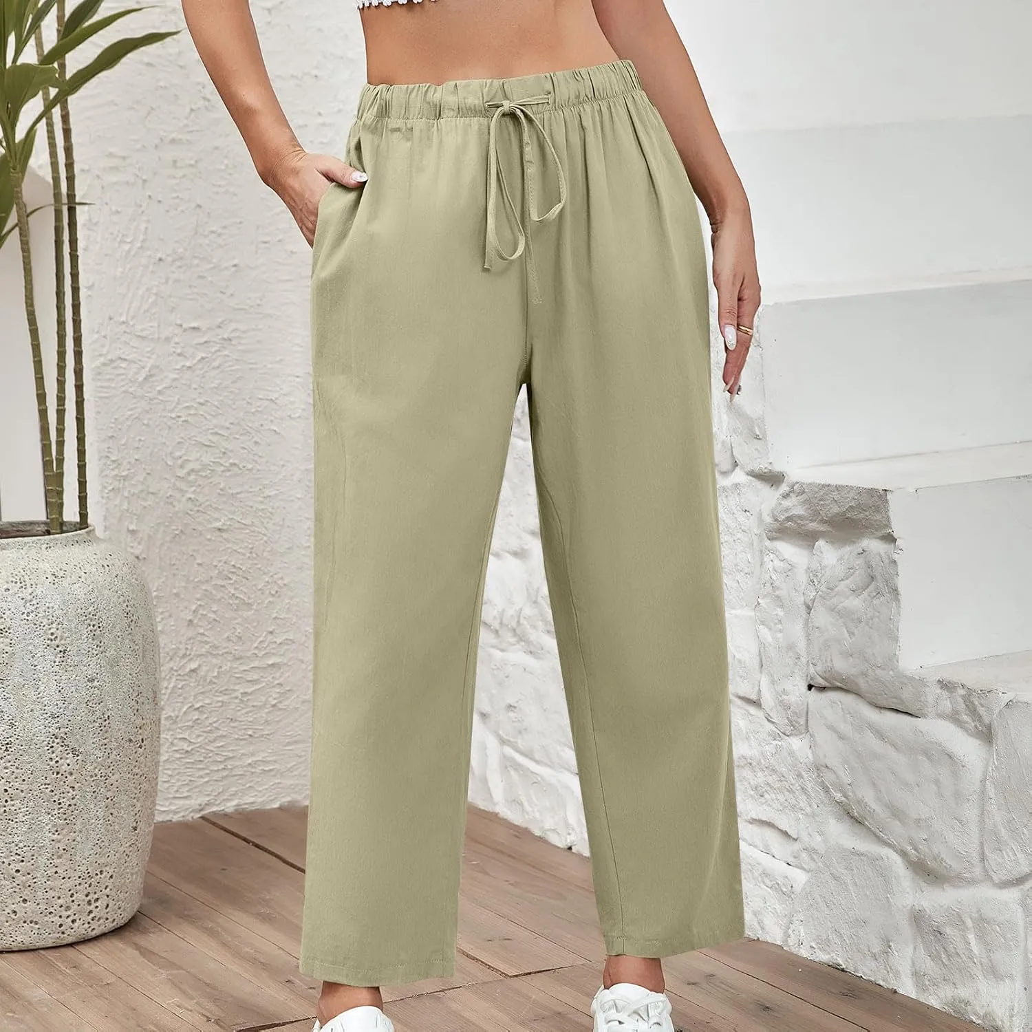 Women Cotton Linen Pants Casual Loose Wide Leg Trousers Summer Drawstring High Waist Pants with Pocket