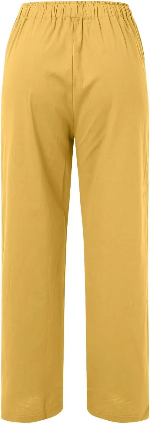 Women Cotton Linen Summer Baggy Palazzo Pants Elastic Waist Baggy Stretchy Loose Fit Trouser Beach