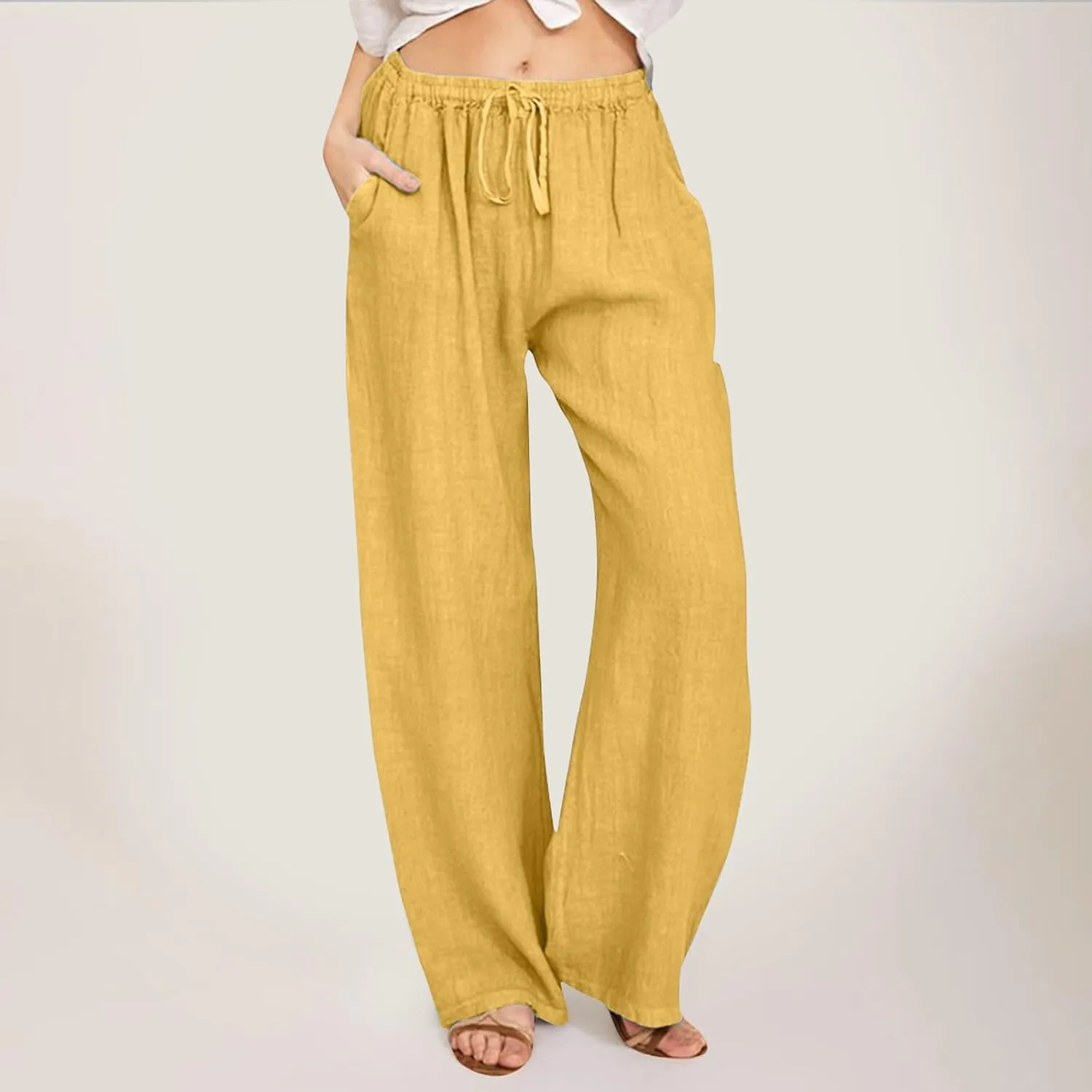 Women Cotton Linen Summer Baggy Palazzo Pants Elastic Waist Baggy Stretchy Loose Fit Trouser Beach
