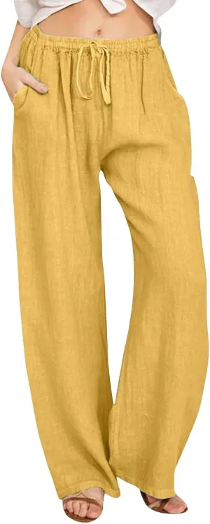 Women Cotton Linen Summer Baggy Palazzo Pants Elastic Waist Baggy Stretchy Loose Fit Trouser Beach