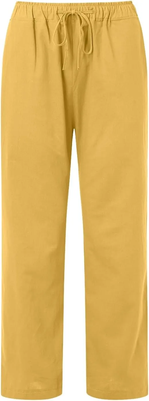 Women Cotton Linen Summer Baggy Palazzo Pants Elastic Waist Baggy Stretchy Loose Fit Trouser Beach