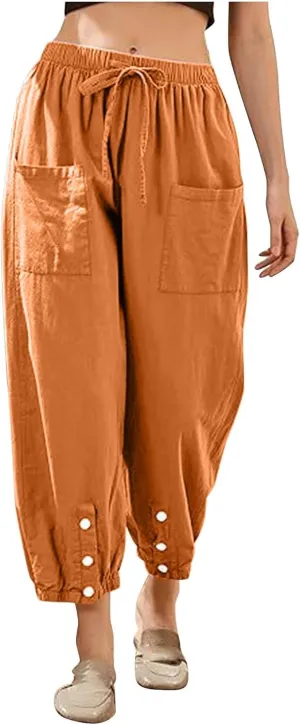 Women Cotton Linen Summer Letter Patched Palazzo Lounge Pants Elastic Waist Straight Loose Fit Palazzo Lounge