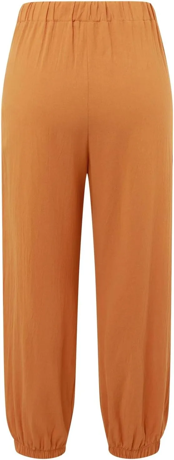 Women Cotton Linen Summer Letter Patched Palazzo Lounge Pants Elastic Waist Straight Loose Fit Palazzo Lounge