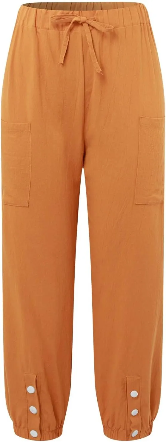 Women Cotton Linen Summer Letter Patched Palazzo Lounge Pants Elastic Waist Straight Loose Fit Palazzo Lounge