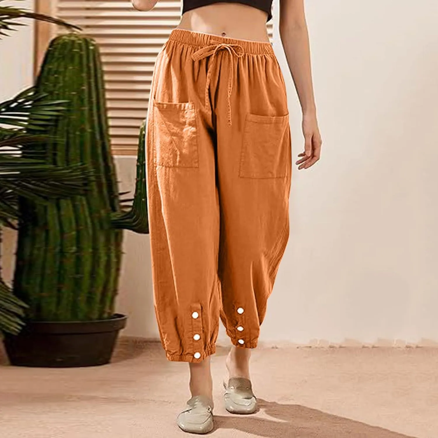 Women Cotton Linen Summer Letter Patched Palazzo Lounge Pants Elastic Waist Straight Loose Fit Palazzo Lounge