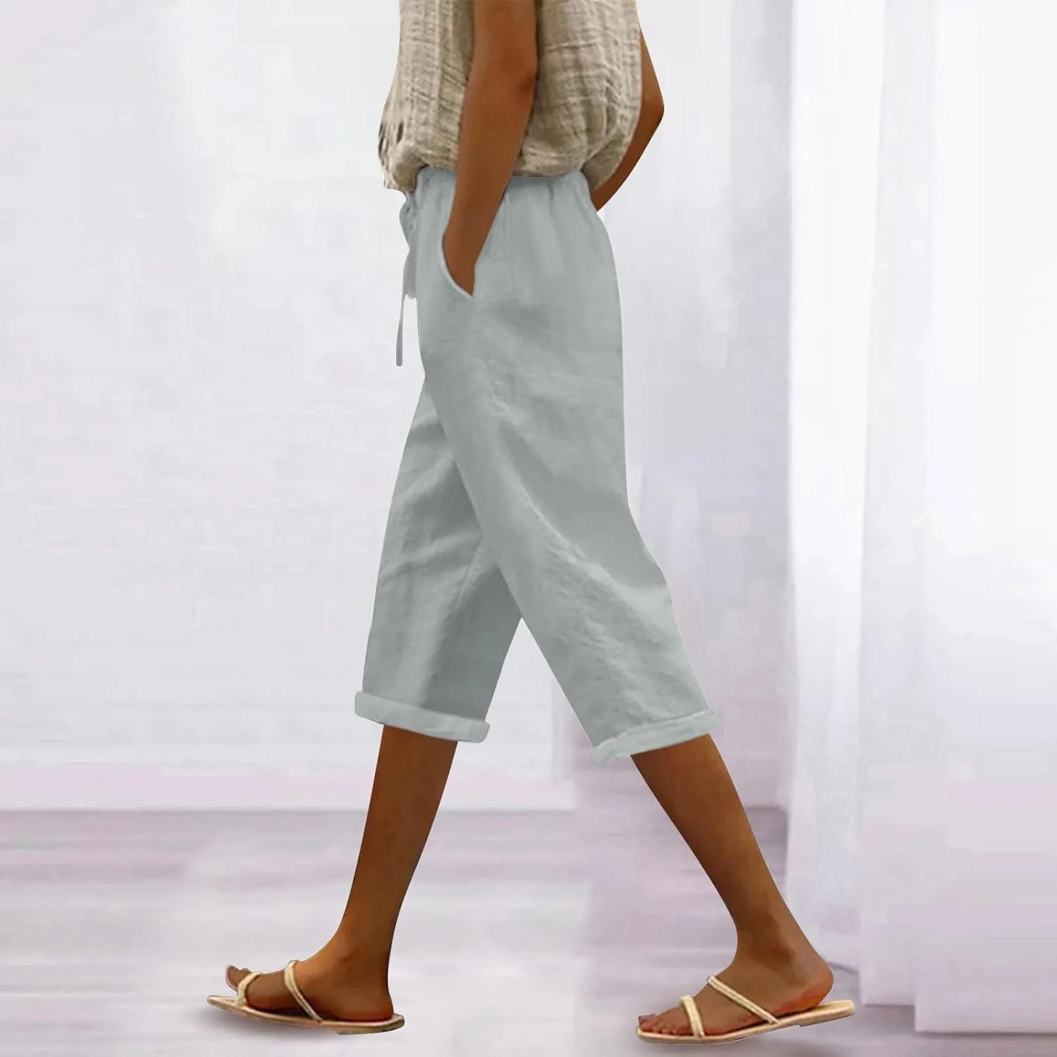 Women Linen Capris Pants Casual 2025 Summer Elastic Waist Linen Pant Straight Wide Leg Cropped Trouser