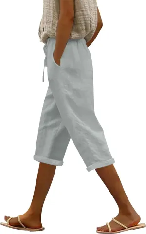 Women Linen Capris Pants Casual 2025 Summer Elastic Waist Linen Pant Straight Wide Leg Cropped Trouser