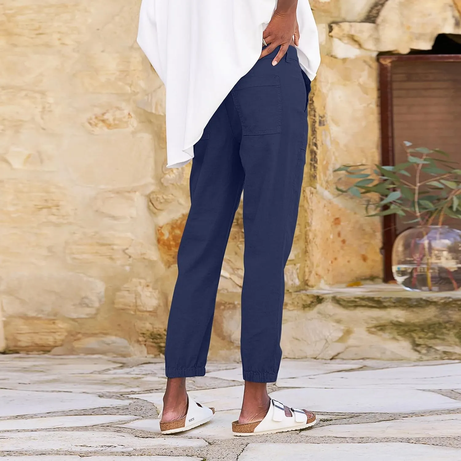 Women Linen Joggers Casual Cropped Linen Pants High Waisted Tapered Leg Jogger with Pockets Ankle Length Chino Pants