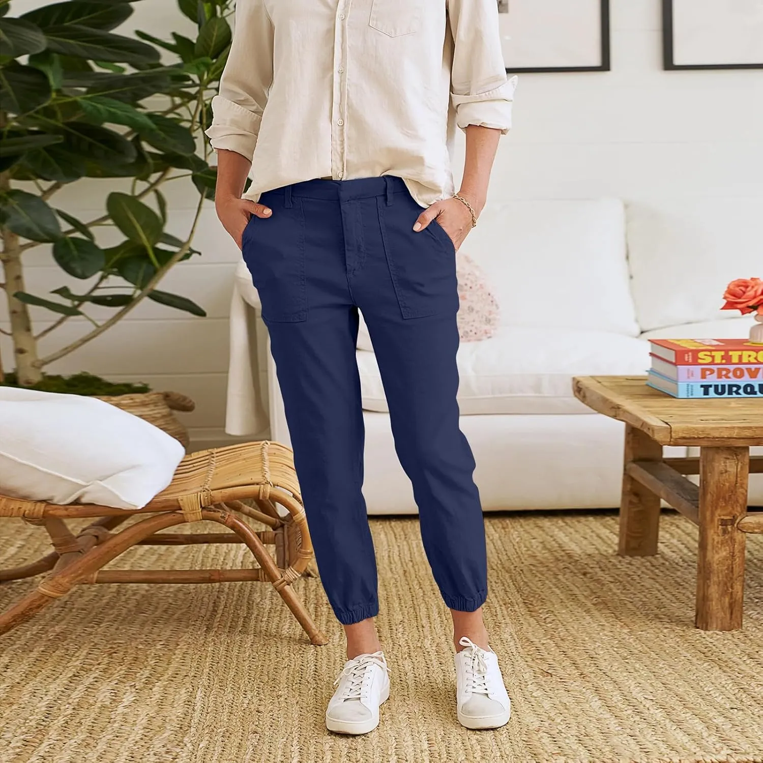 Women Linen Joggers Casual Cropped Linen Pants High Waisted Tapered Leg Jogger with Pockets Ankle Length Chino Pants