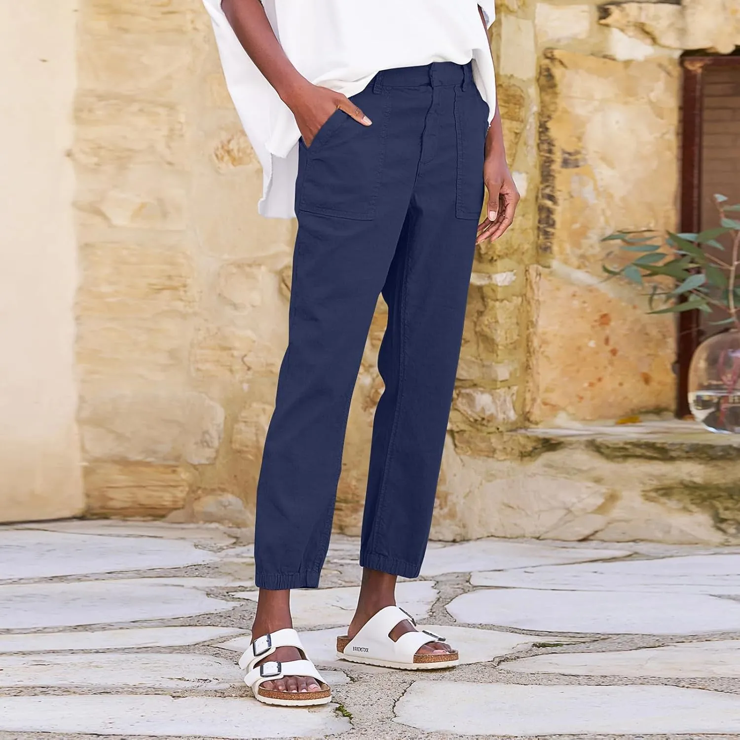 Women Linen Joggers Casual Cropped Linen Pants High Waisted Tapered Leg Jogger with Pockets Ankle Length Chino Pants